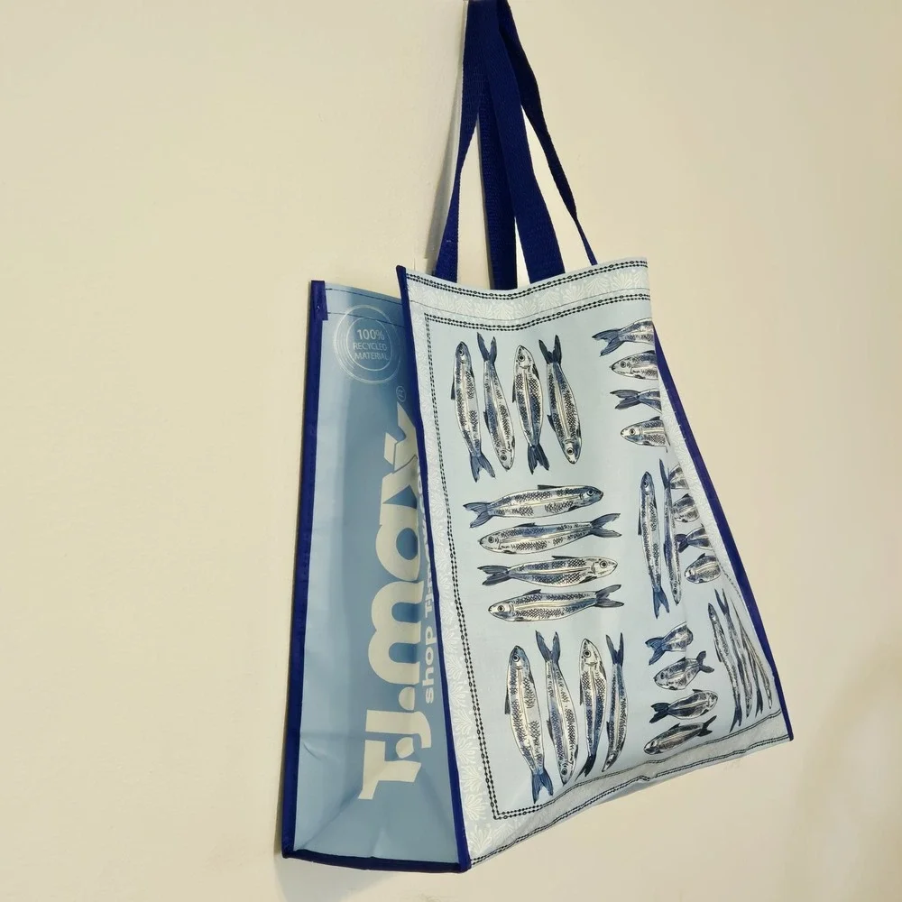 Sardines Sardine Fish Blue Coastal Design Gift Shopping Bag Recycled TJMaxx New!